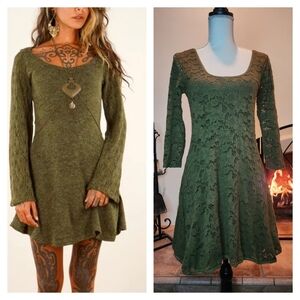 Free People Katja Olive Lace Fit & Flare Skater Mini Dress | Medium M 8 10 VGUC